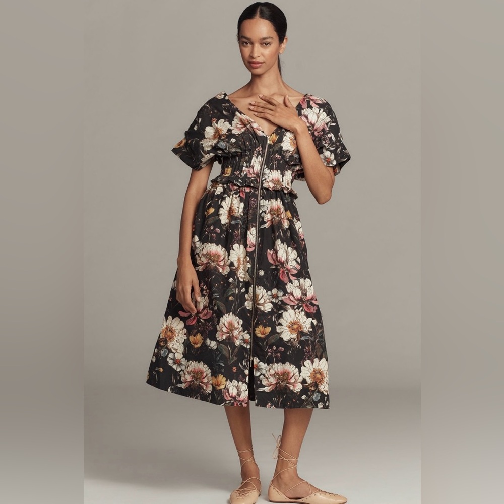 Anthropologie V-Neck Zip-Front Midi Dress In: Black Pattern